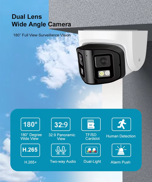 180 Degree Dual Lens IP Dome Camera Full Color Panoramic AI Two Way Audio PoE Ceiling Mount Turret CMOS Sensor NVR Data Storage