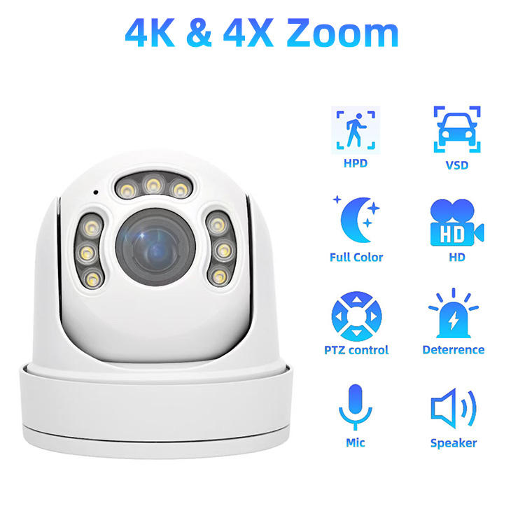 8MP 4K 4X Zoom Outdoor Metal IP66 Waterproof Dome Camera, H.265+ 40m IR Two-Way Audio, TF 128GB, OEM 4K PTZ Camera