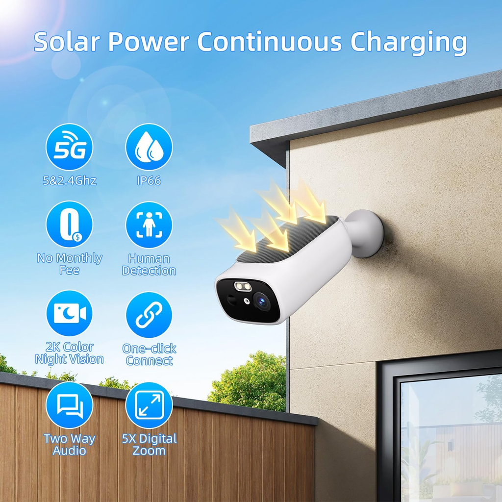 InLifeCam Tuya Smart APP 2K Solar Camera Outdoor Wireless, 5/2.4Ghz WiFi Cameras for Home Security, AI Motion Detection