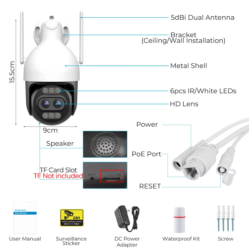 Outdoor 2*4MP Dual Lens Optical Zoom WiFi PTZ Security Camera Auto Zoom Tracking AI Human Vehicle Detect Color Night Vision