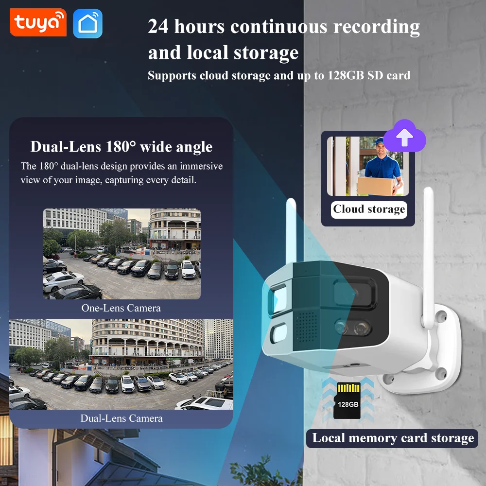 Tuya Smart WiFi Dual Lens Panoramic Camera 4MP 2K Outdoor Binocular Security Camera 180° Wide Angle Full Color Night Vision