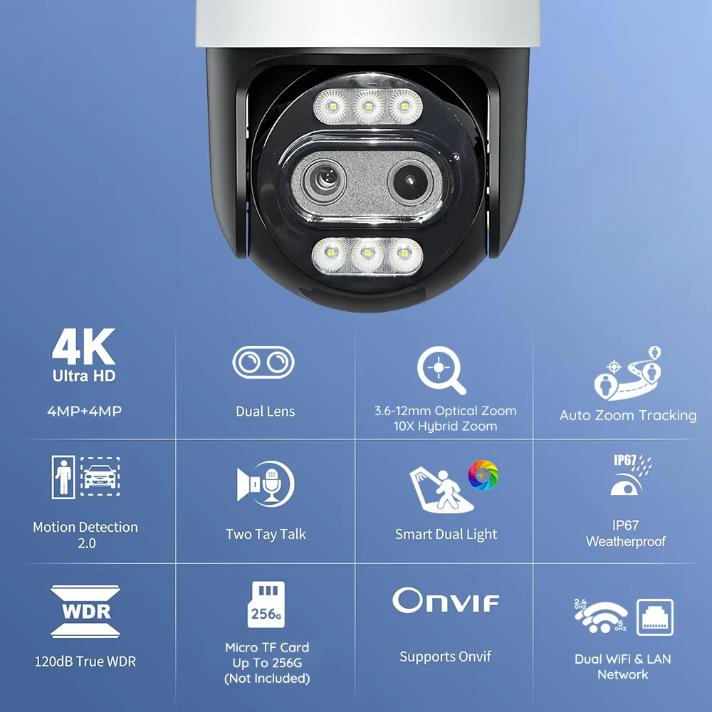 Outdoor 2*4MP Dual Lens Optical Zoom WiFi PTZ Security Camera Auto Zoom Tracking AI Human Vehicle Detect Color Night Vision