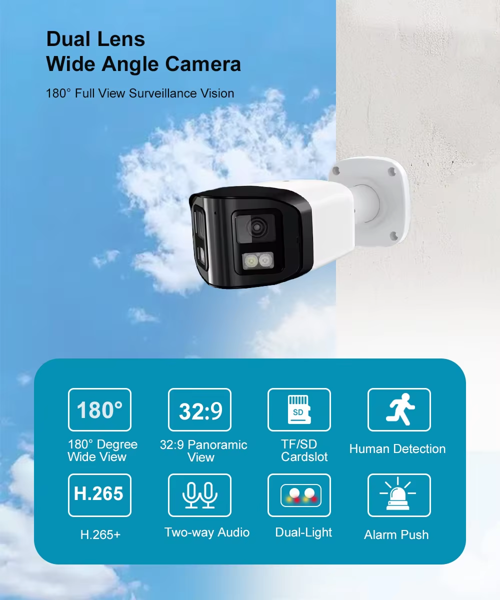 8MP POE Outdoor IP Security CCTV Camera Dual Lens 180 Degree Wide View CMOS for Indoor Use NVR Data Storage Features Human