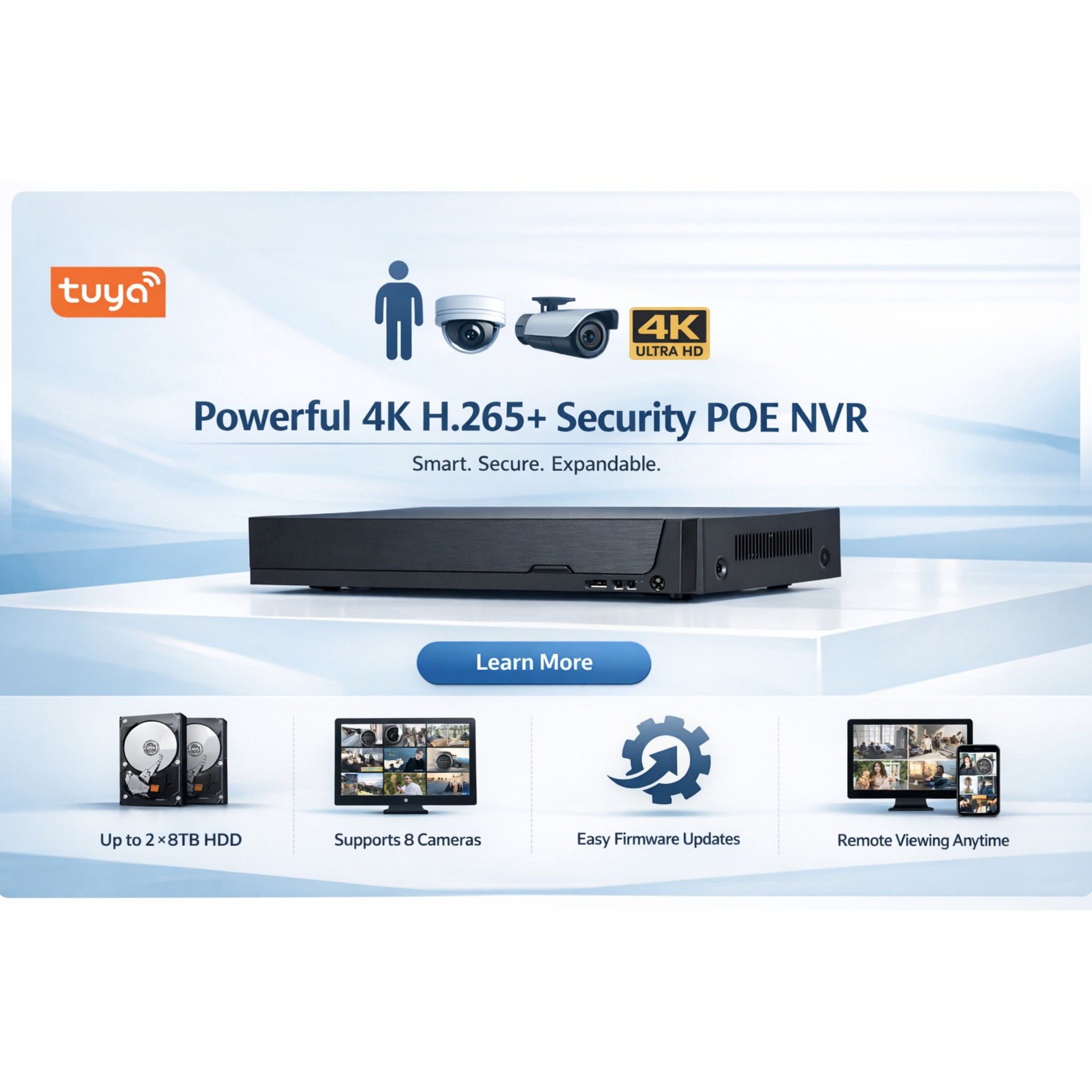Tuya Smart APP 4K 16CH/8CH/4CH Wire/POE NVR Network Video Recorder Support up to 8MP/4K IP Cameras, Human& Vehicle Detection,