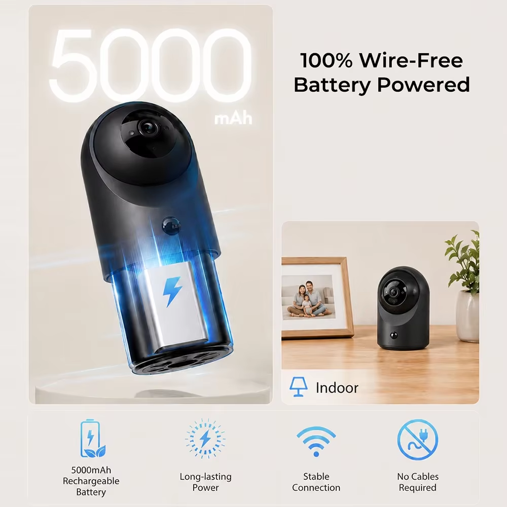 2K 100% Wireless Battery Indoor Security Camera 20m Infrared Night Vision TF Storage/Cloud PIR Motion Detection 2.4GHz WiFi