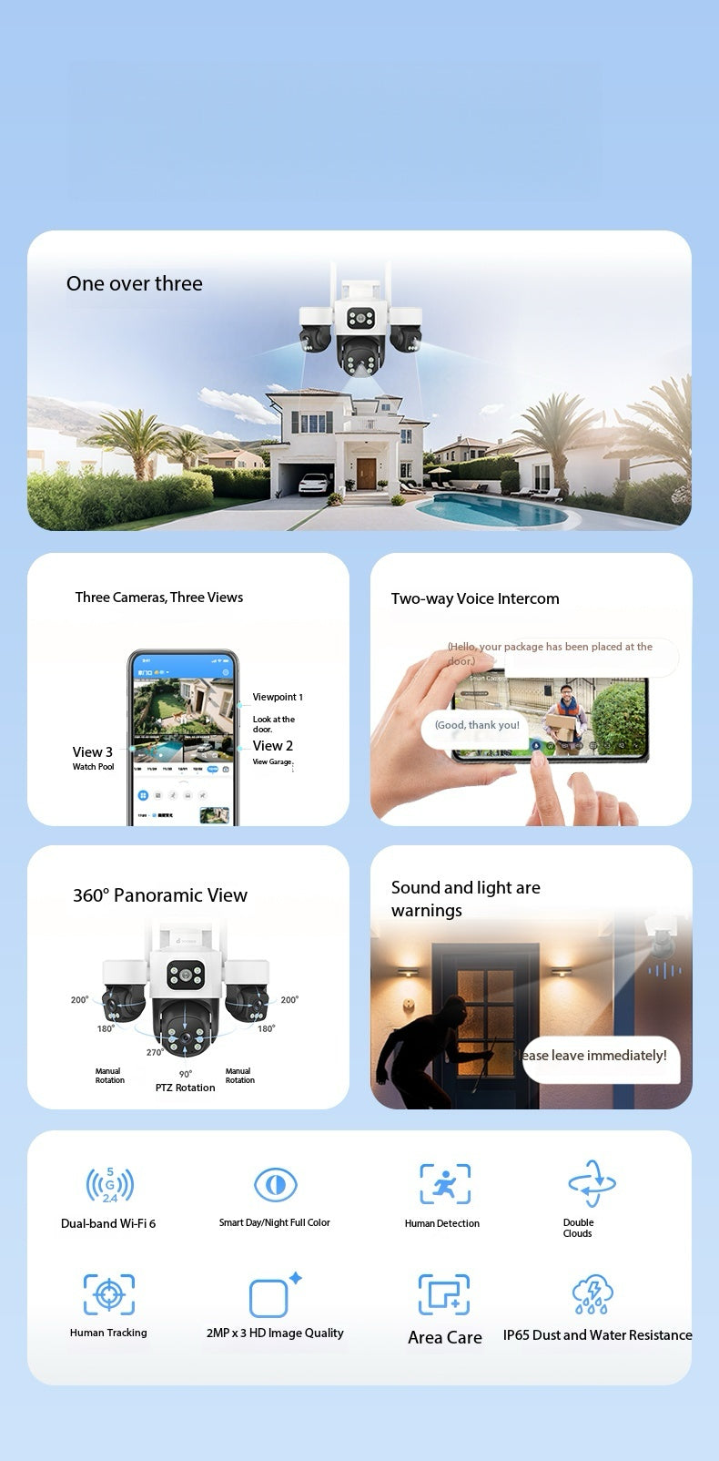 Tuya Smart APP OEM Outdoor WI-FI Wireless PTZ Camera 6MP 3 Lens 3 Screen CCTV Security WiFi Camera 4 Lenses Connect Phone