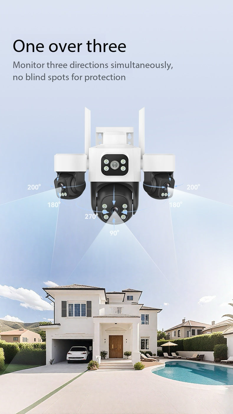 Tuya Smart APP OEM Outdoor WI-FI Wireless PTZ Camera 6MP 3 Lens 3 Screen CCTV Security WiFi Camera 4 Lenses Connect Phone