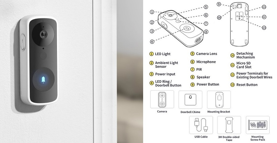 InLifeCam Tuya Smart APP 2.5K 5.0MP Video Doorbell WIFI IP Camera Smart Video Doorbell, Battery Camera, Tuya, Wi-Fi