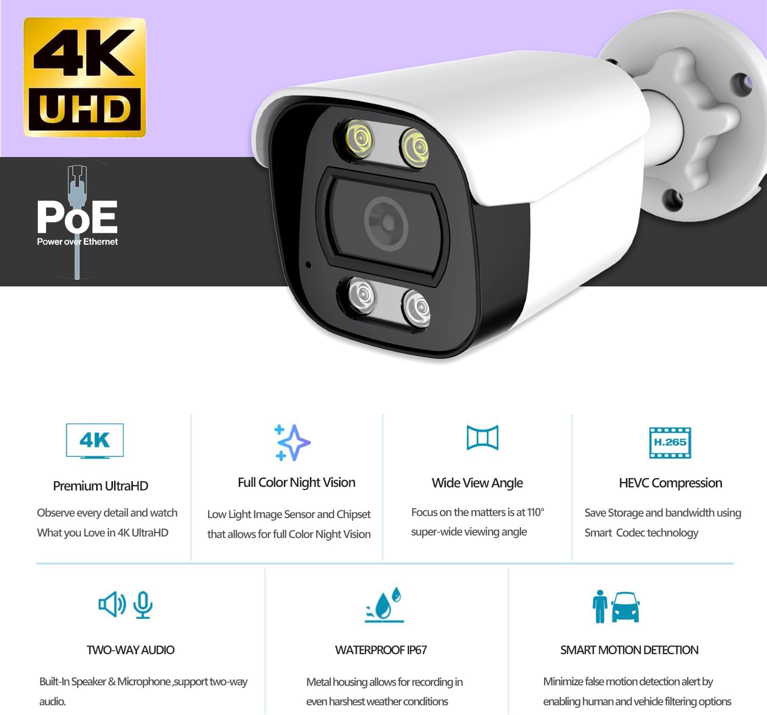 Tuya Smart APP 5MP PoE IP Bullet Camera Outdoor, Full Color Security IP Camera with Smart Dual Light, Two Way Talk