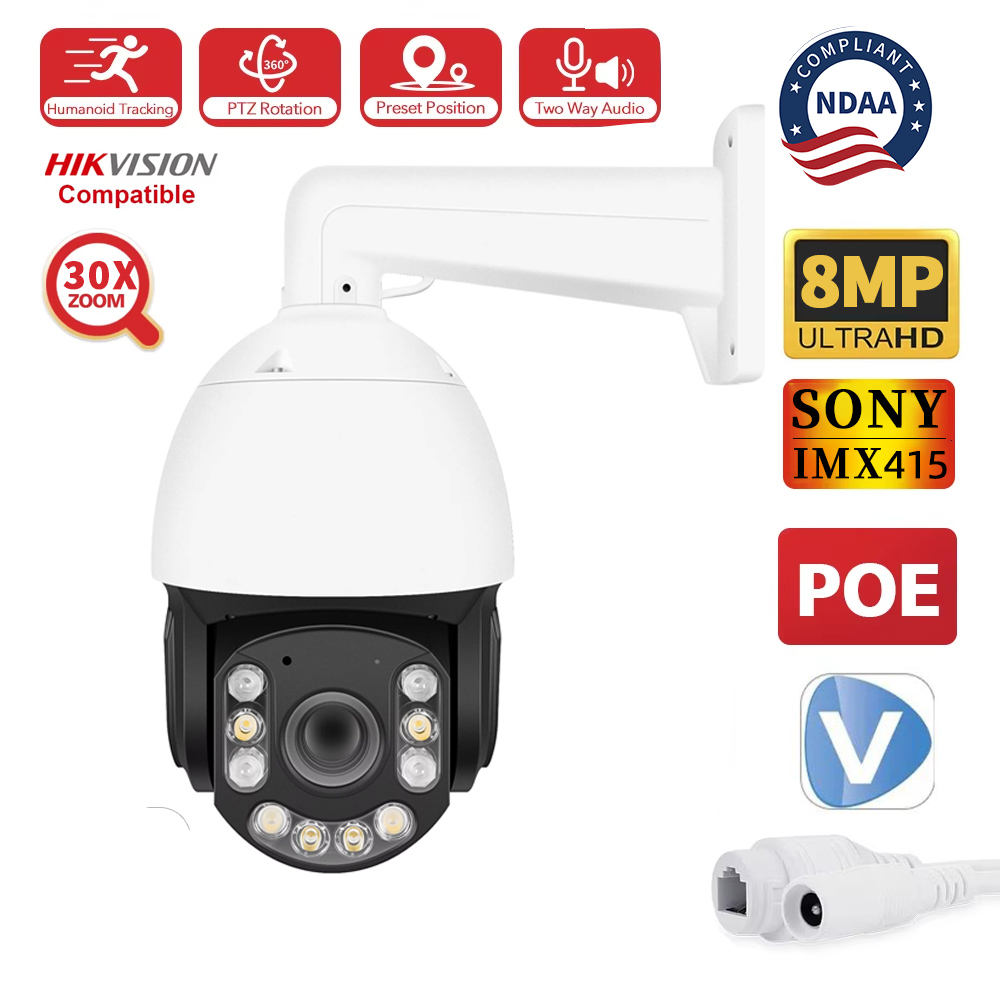 4k 8 Inch POE PTZ Security IMX415 Camera Optical 30x Zoom Auto Tracking 8MP 5mp IP67 Metal IP66 Night Vision NVR Support Camera