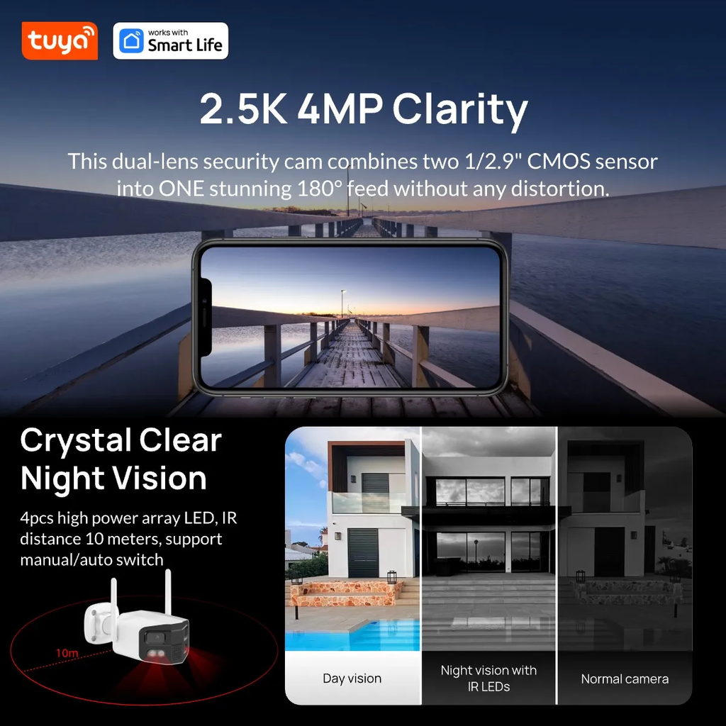 Tuya Smart WiFi Dual Lens Panoramic Camera 4MP 2K Outdoor Binocular Security Camera 180° Wide Angle Full Color Night Vision