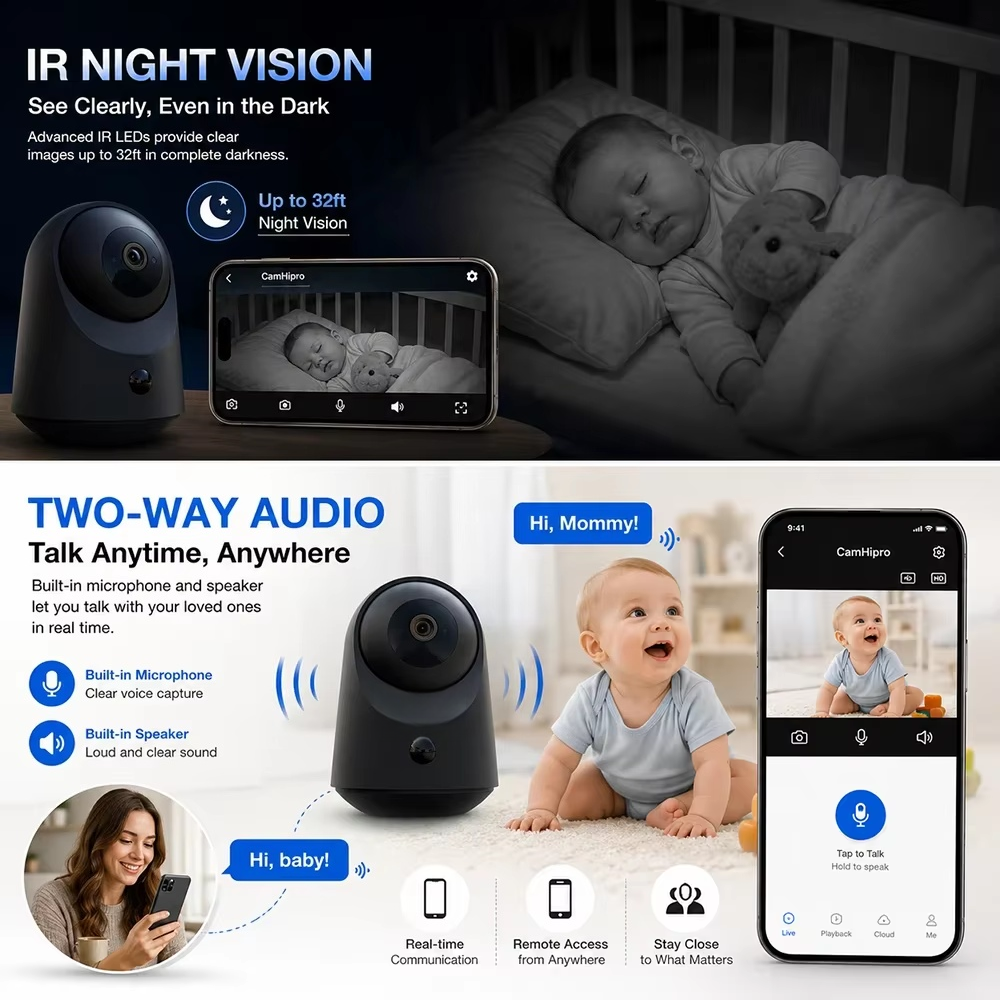 2K 100% Wireless Battery Indoor Security Camera 20m Infrared Night Vision TF Storage/Cloud PIR Motion Detection 2.4GHz WiFi