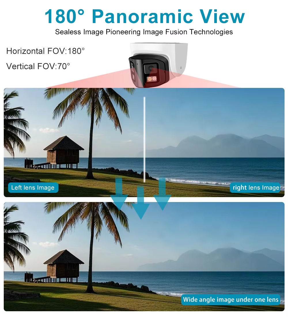 180 Degree Dual Lens IP Dome Camera Full Color Panoramic AI Two Way Audio PoE Ceiling Mount Turret CMOS Sensor NVR Data Storage