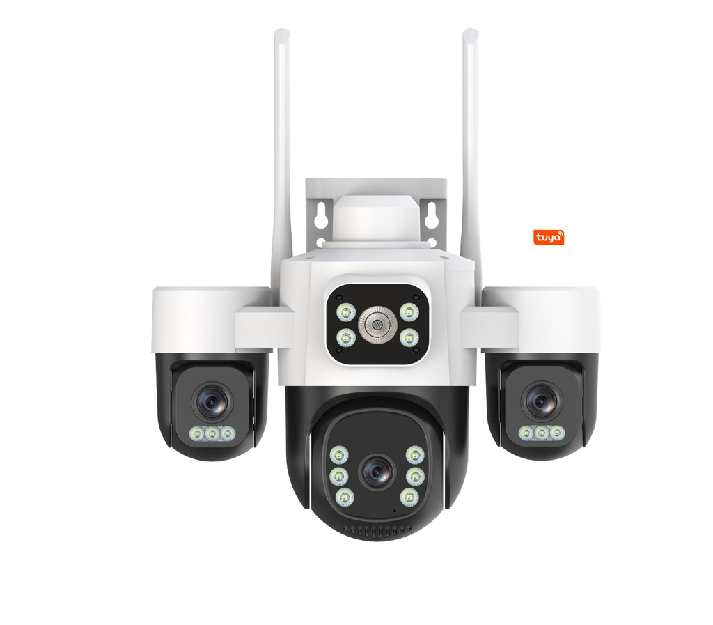 Tuya Smart APP OEM Outdoor WI-FI Wireless PTZ Camera 6MP 3 Lens 3 Screen CCTV Security WiFi Camera 4 Lenses Connect Phone