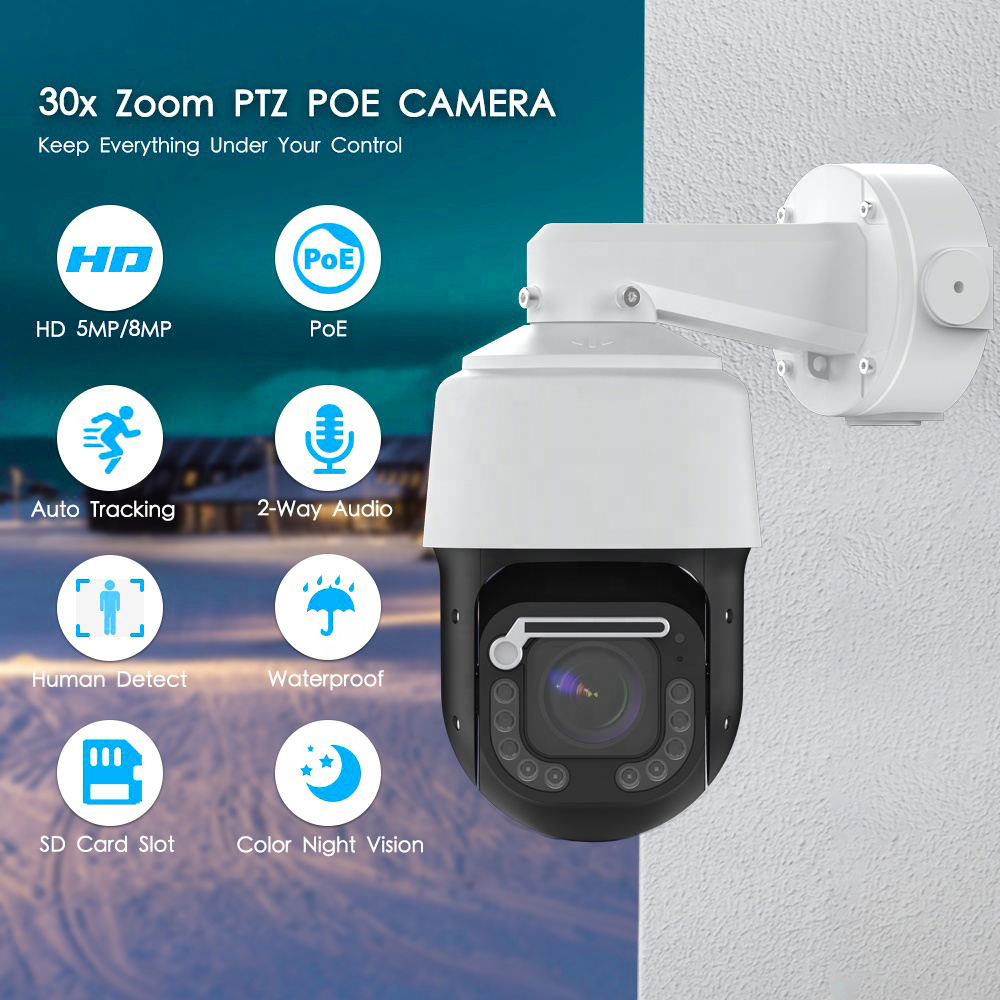 8MP 20X Optical Zoom High Speed Dome PTZ POE IP Camera Dual Light Outdoor With IMX415 Human AI Auto Tracking Wiper CCTV Camera