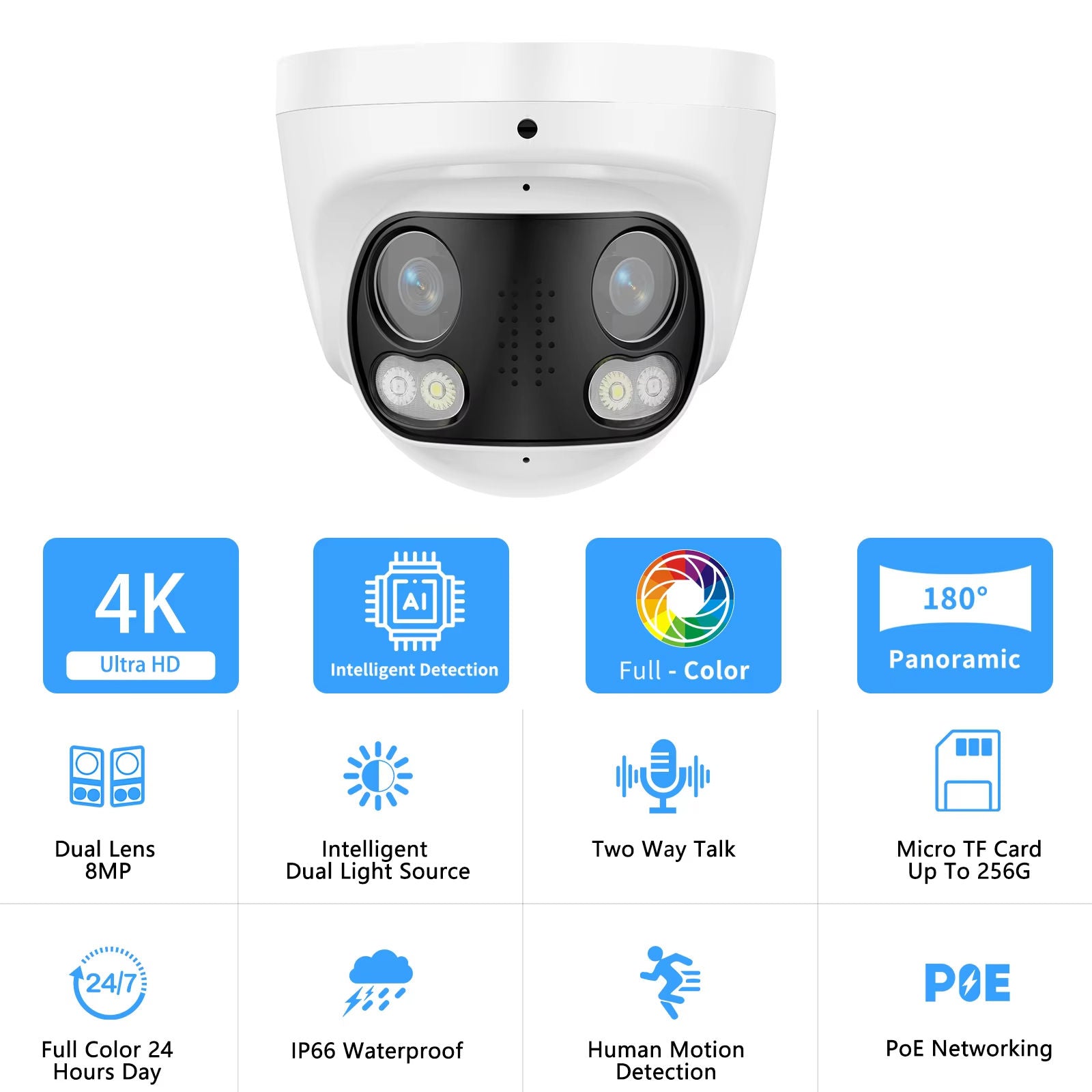 4k 8MP Dual Lens POE IP Security Metal Dome Camera 180 Ultra Wide Viewing Angle 2-Way Talk Human Detection Night Vision