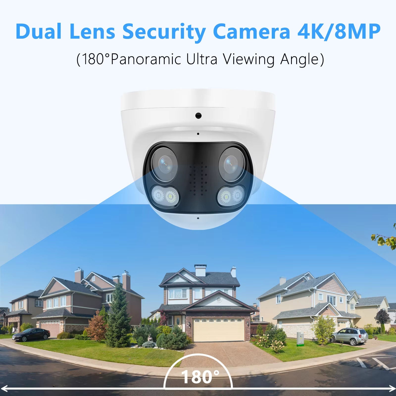 4k 8MP Dual Lens POE IP Security Metal Dome Camera 180 Ultra Wide Viewing Angle 2-Way Talk Human Detection Night Vision
