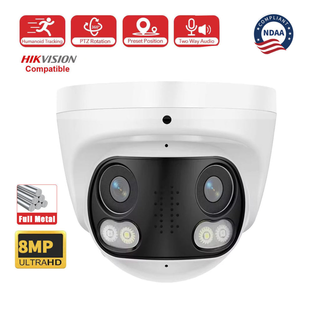 4k 8MP Dual Lens POE IP Security Metal Dome Camera 180 Ultra Wide Viewing Angle 2-Way Talk Human Detection Night Vision