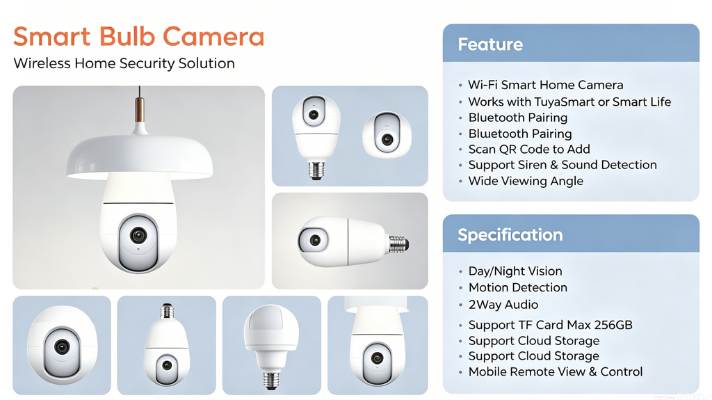 Tuya APP 3MP Indoor Panorama Bulb Indoor WIFI IP Camera
